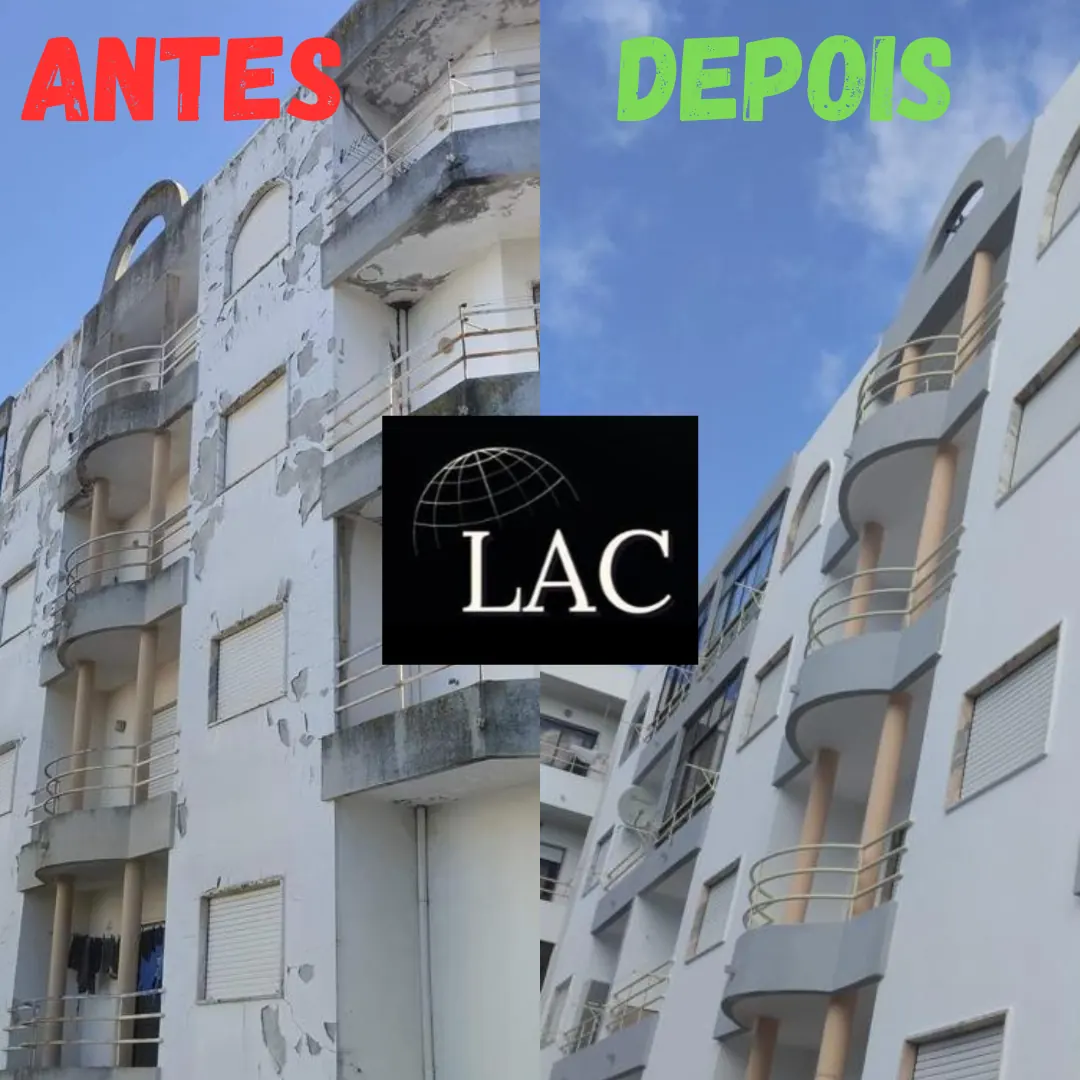 Fachada de prédio antes e depois da pintura e reparação pela LAC